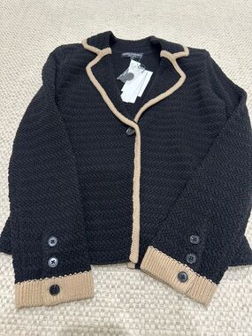 Central Park West Black Knit Blazer with Tan Trim XS